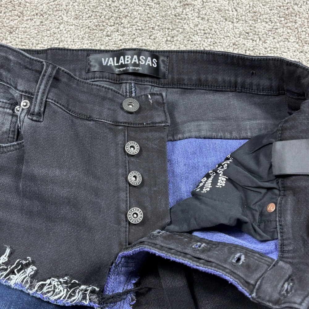 Valabasas Mens Patchwork Stacked Flare Jeans Black Blue Purple 36 Distressed - Picture 8 of 9